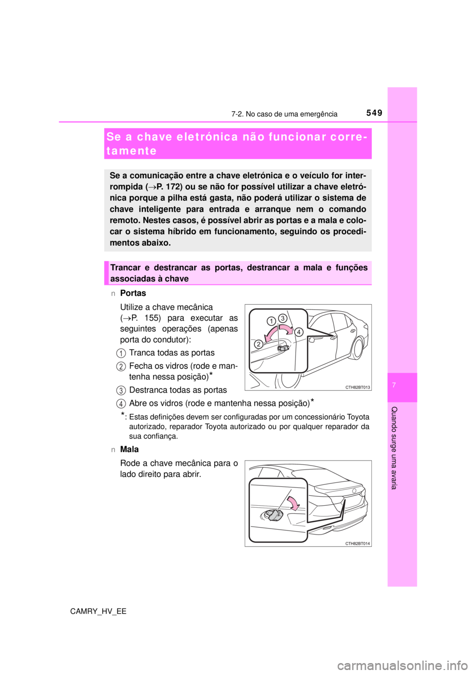 TOYOTA CAMRY 2022 Manual de utilização (in Portuguese) 5497-2. No caso de uma emergência
CAMRY_HV_EE
7
Quando surge uma avaria
nPortas
Utilize a chave mecânica
(P. 155) para executar as
seguintes operações (apenas
porta do condutor):
Tranca t TOYOTA CAMRY 2022 Manual de utilização (in Portuguese) 5497-2. No caso de uma emergência
CAMRY_HV_EE
7
Quando surge uma avaria
nPortas
Utilize a chave mecânica
(P. 155) para executar as
seguintes operações (apenas
porta do condutor):
Tranca t