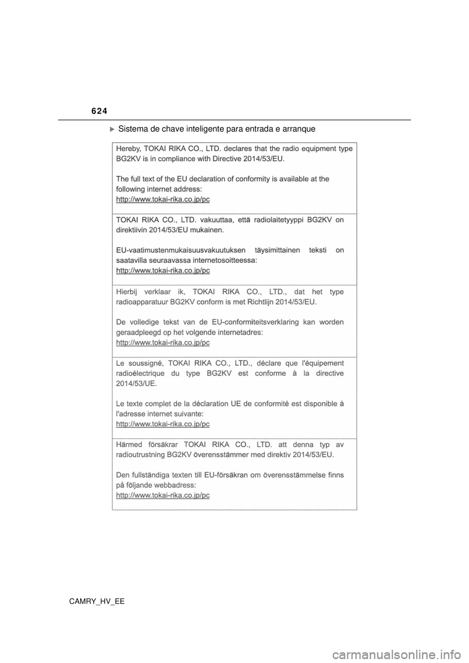 TOYOTA CAMRY 2022 Manual de utilização (in Portuguese) 624
CAMRY_HV_EE
Sistema de chave inteligente para entrada e arranque TOYOTA CAMRY 2022 Manual de utilização (in Portuguese) 624
CAMRY_HV_EE
Sistema de chave inteligente para entrada e arranque