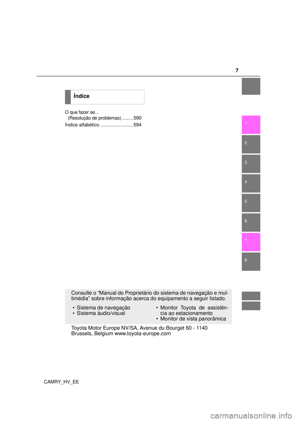 TOYOTA CAMRY 2022  Manual de utilização (in Portuguese) 7
1
8 7
6
5
4
3
2
CAMRY_HV_EE
O que fazer se... 
(Resolução de problemas).........590
Índice alfabético .........................594
Índice
Consulte o “Manual do Proprietário do sistema de 