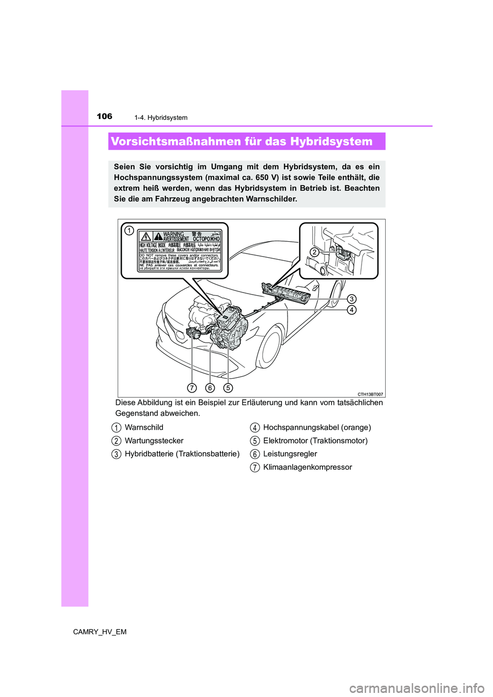 TOYOTA CAMRY 2021 Betriebsanleitungen (in German) 1061-4. Hybridsystem
CAMRY_HV_EM
Diese Abbildung ist ein Beispiel zur Erläuterung und kann vom tatsächlichen
Gegenstand abweichen.
Vorsichtsmaßnahmen für das Hybridsystem
Seien Sie vorsichtig im U TOYOTA CAMRY 2021 Betriebsanleitungen (in German) 1061-4. Hybridsystem
CAMRY_HV_EM
Diese Abbildung ist ein Beispiel zur Erläuterung und kann vom tatsächlichen
Gegenstand abweichen.
Vorsichtsmaßnahmen für das Hybridsystem
Seien Sie vorsichtig im U