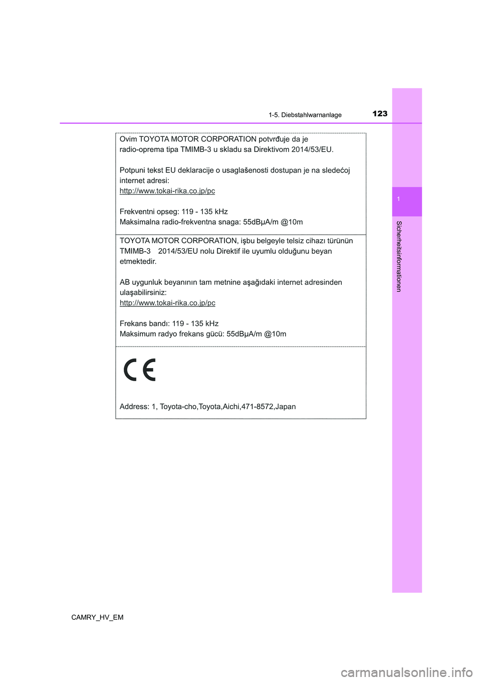 TOYOTA CAMRY 2021  Betriebsanleitungen (in German) 1231-5. Diebstahlwarnanlage
1
Sicherheitsinformationen
CAMRY_HV_EM 