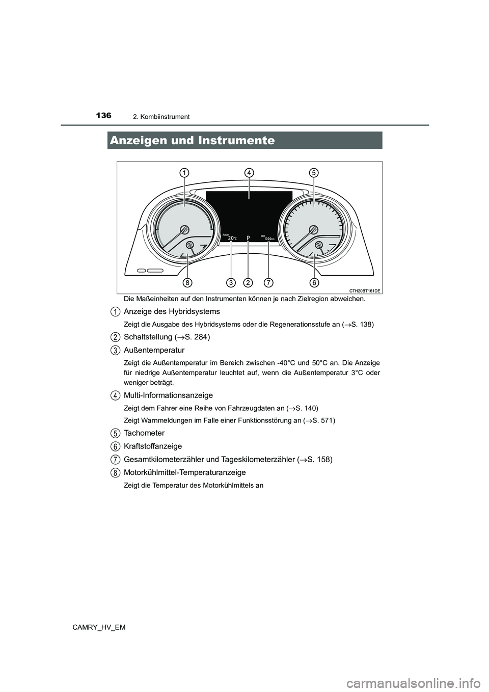 TOYOTA CAMRY 2021 Betriebsanleitungen (in German) 1362. Kombiinstrument
CAMRY_HV_EMDie Maßeinheiten auf den Instrumenten können je nach Zielregion abweichen.
Anzeige des Hybridsystems
Zeigt die Ausgabe des Hybridsystems oder die Regenerationsstufe TOYOTA CAMRY 2021 Betriebsanleitungen (in German) 1362. Kombiinstrument
CAMRY_HV_EMDie Maßeinheiten auf den Instrumenten können je nach Zielregion abweichen.
Anzeige des Hybridsystems
Zeigt die Ausgabe des Hybridsystems oder die Regenerationsstufe