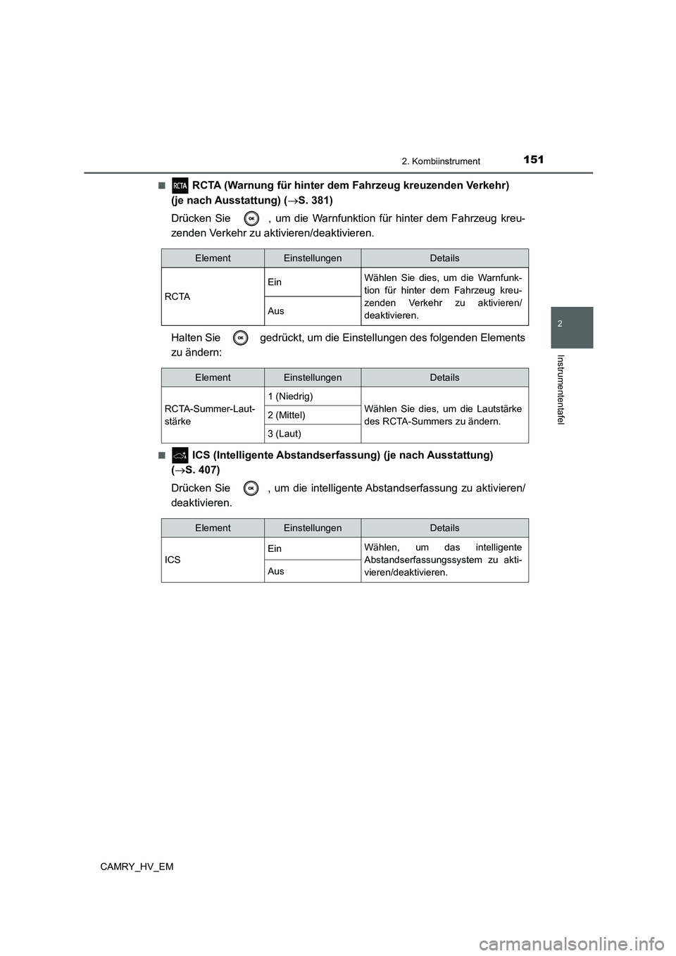 TOYOTA CAMRY 2021 Betriebsanleitungen (in German) 1512. Kombiinstrument
2
Instrumententafel
CAMRY_HV_EM■
RCTA (Warnung für hinter dem Fahrzeug kreuzenden Verkehr)
(je nach Ausstattung) (S. 381)
Drücken Sie , um die Warnfunktion für hinter TOYOTA CAMRY 2021 Betriebsanleitungen (in German) 1512. Kombiinstrument
2
Instrumententafel
CAMRY_HV_EM■
RCTA (Warnung für hinter dem Fahrzeug kreuzenden Verkehr)
(je nach Ausstattung) (S. 381)
Drücken Sie , um die Warnfunktion für hinter