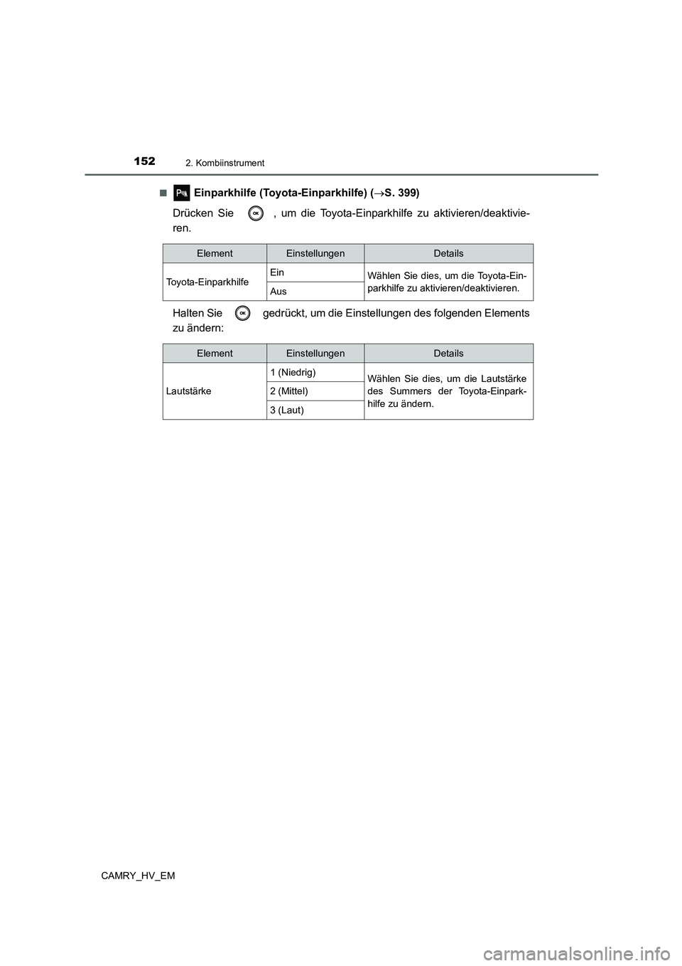 TOYOTA CAMRY 2021 Betriebsanleitungen (in German) 1522. Kombiinstrument
CAMRY_HV_EM■
Einparkhilfe (Toyota-Einparkhilfe) (S. 399)
Drücken Sie , um die Toyota-Einparkhilfe zu aktivieren/deaktivie-
ren.
Halten Sie gedrückt, um die Einstellung TOYOTA CAMRY 2021 Betriebsanleitungen (in German) 1522. Kombiinstrument
CAMRY_HV_EM■
Einparkhilfe (Toyota-Einparkhilfe) (S. 399)
Drücken Sie , um die Toyota-Einparkhilfe zu aktivieren/deaktivie-
ren.
Halten Sie gedrückt, um die Einstellung