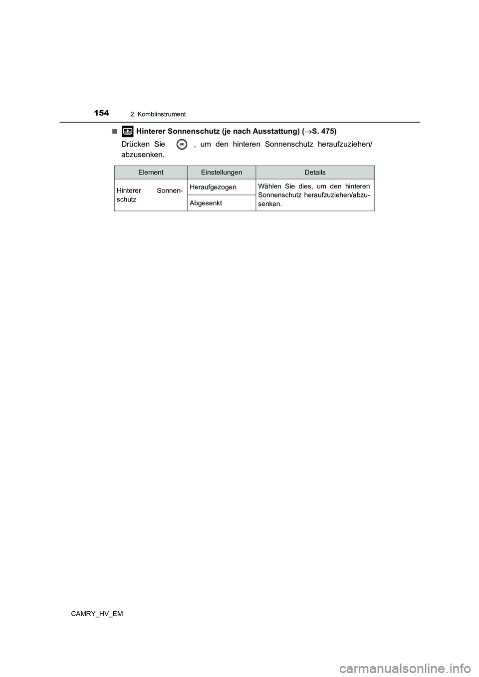 TOYOTA CAMRY 2021 Betriebsanleitungen (in German) 1542. Kombiinstrument
CAMRY_HV_EM■
Hinterer Sonnenschutz (je nach Ausstattung) (S. 475)
Drücken Sie , um den hinteren Sonnenschutz heraufzuziehen/
abzusenken.
ElementEinstellungenDetails
Hinte TOYOTA CAMRY 2021 Betriebsanleitungen (in German) 1542. Kombiinstrument
CAMRY_HV_EM■
Hinterer Sonnenschutz (je nach Ausstattung) (S. 475)
Drücken Sie , um den hinteren Sonnenschutz heraufzuziehen/
abzusenken.
ElementEinstellungenDetails
Hinte
