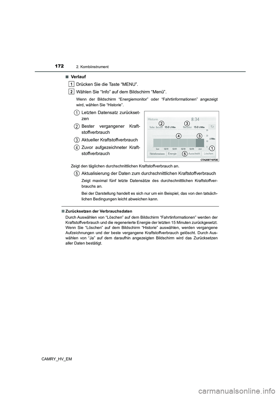 TOYOTA CAMRY 2021 Betriebsanleitungen (in German) 1722. Kombiinstrument
CAMRY_HV_EM■
Verlauf
Drücken Sie die Taste “MENU”.
Wählen Sie “Info” auf dem Bildschirm “Menü”.
Wenn der Bildschirm “Energiemonitor” oder “Fahrtinformation TOYOTA CAMRY 2021 Betriebsanleitungen (in German) 1722. Kombiinstrument
CAMRY_HV_EM■
Verlauf
Drücken Sie die Taste “MENU”.
Wählen Sie “Info” auf dem Bildschirm “Menü”.
Wenn der Bildschirm “Energiemonitor” oder “Fahrtinformation