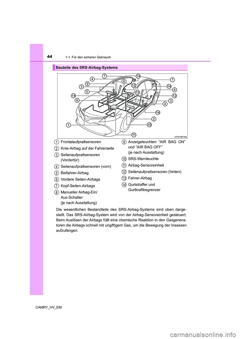 TOYOTA CAMRY 2021 Betriebsanleitungen (in German) 441-1. Für den sicheren Gebrauch
CAMRY_HV_EM
Die wesentlichen Bestandteile des SRS-Airbag-Systems sind oben darge-
stellt. Das SRS-Airbag-System wird von der Airbag-Sensoreinheit gesteuert.
Beim Ausl TOYOTA CAMRY 2021 Betriebsanleitungen (in German) 441-1. Für den sicheren Gebrauch
CAMRY_HV_EM
Die wesentlichen Bestandteile des SRS-Airbag-Systems sind oben darge-
stellt. Das SRS-Airbag-System wird von der Airbag-Sensoreinheit gesteuert.
Beim Ausl