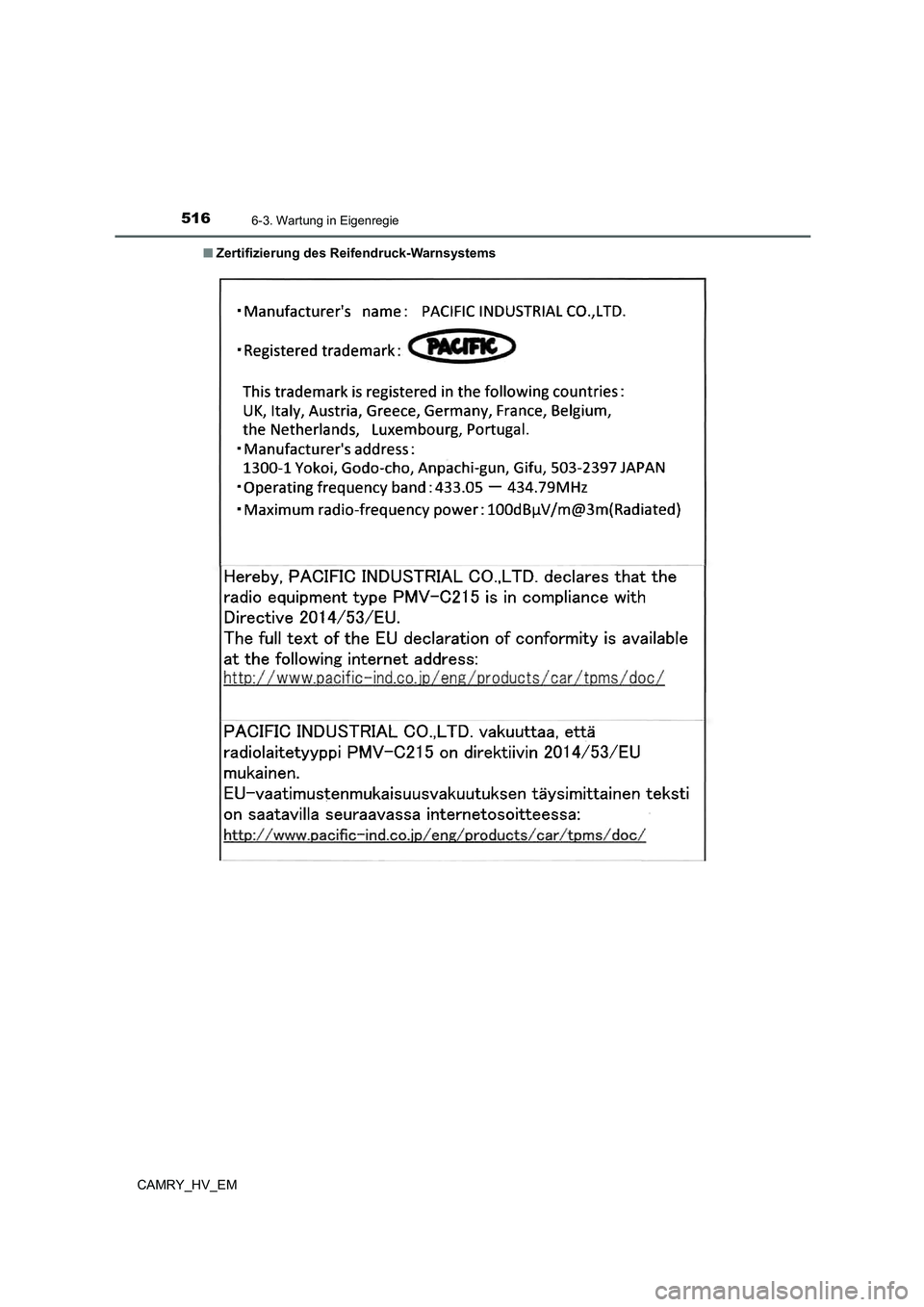 TOYOTA CAMRY 2021 Betriebsanleitungen (in German) 5166-3. Wartung in Eigenregie
CAMRY_HV_EM■Zertifizierung des Reifendruck-Warnsystems TOYOTA CAMRY 2021 Betriebsanleitungen (in German) 5166-3. Wartung in Eigenregie
CAMRY_HV_EM■Zertifizierung des Reifendruck-Warnsystems