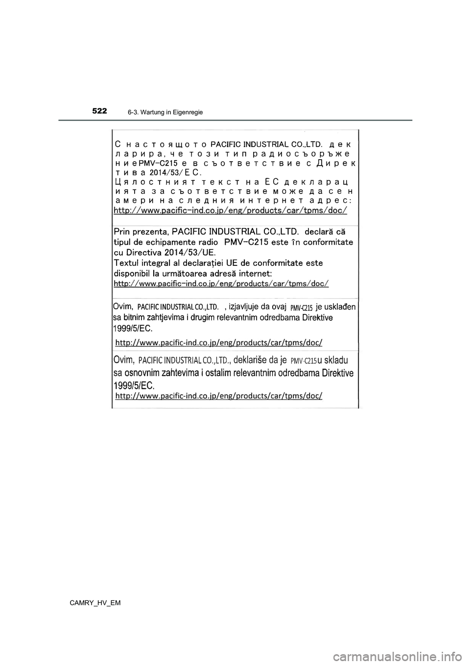 TOYOTA CAMRY 2021 Betriebsanleitungen (in German) 5226-3. Wartung in Eigenregie
CAMRY_HV_EM TOYOTA CAMRY 2021 Betriebsanleitungen (in German) 5226-3. Wartung in Eigenregie
CAMRY_HV_EM