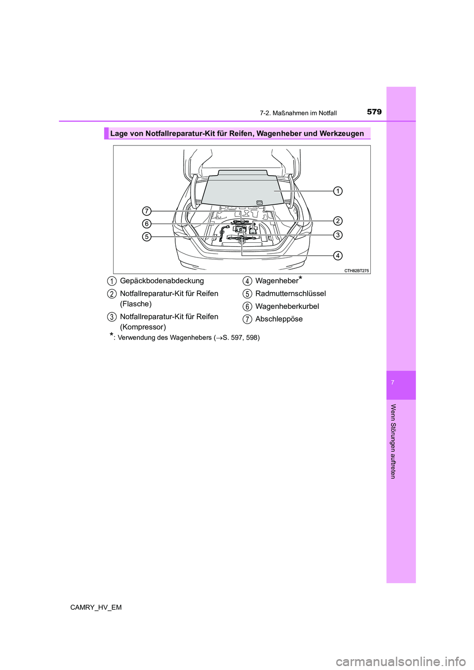 TOYOTA CAMRY 2021 Betriebsanleitungen (in German) 5797-2. Maßnahmen im Notfall
7
Wenn Störungen auftreten
CAMRY_HV_EM
*: Verwendung des Wagenhebers (S. 597, 598)
Lage von Notfallreparatur-Kit für Reifen, Wagenheber und Werkzeugen
Gepäckbodena TOYOTA CAMRY 2021 Betriebsanleitungen (in German) 5797-2. Maßnahmen im Notfall
7
Wenn Störungen auftreten
CAMRY_HV_EM
*: Verwendung des Wagenhebers (S. 597, 598)
Lage von Notfallreparatur-Kit für Reifen, Wagenheber und Werkzeugen
Gepäckbodena