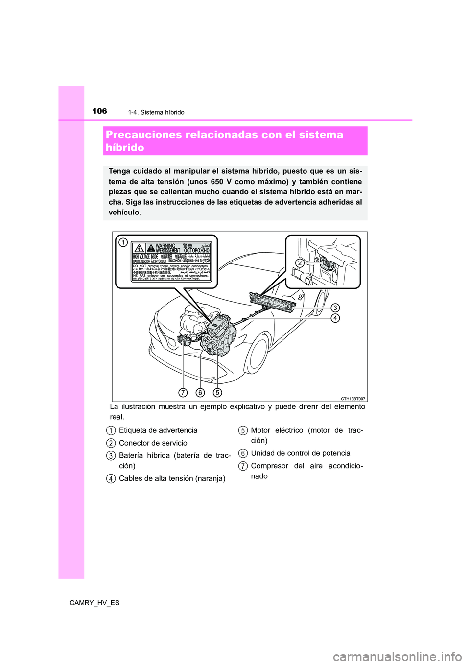 TOYOTA CAMRY 2021 Manual del propietario (in Spanish) 1061-4. Sistema híbrido
CAMRY_HV_ES
La ilustración muestra un ejemplo explicativo y puede diferir del elemento
real.
Precauciones relacionadas con el sistema
híbrido
Tenga cuidado al manipular e TOYOTA CAMRY 2021 Manual del propietario (in Spanish) 1061-4. Sistema híbrido
CAMRY_HV_ES
La ilustración muestra un ejemplo explicativo y puede diferir del elemento
real.
Precauciones relacionadas con el sistema
híbrido
Tenga cuidado al manipular e