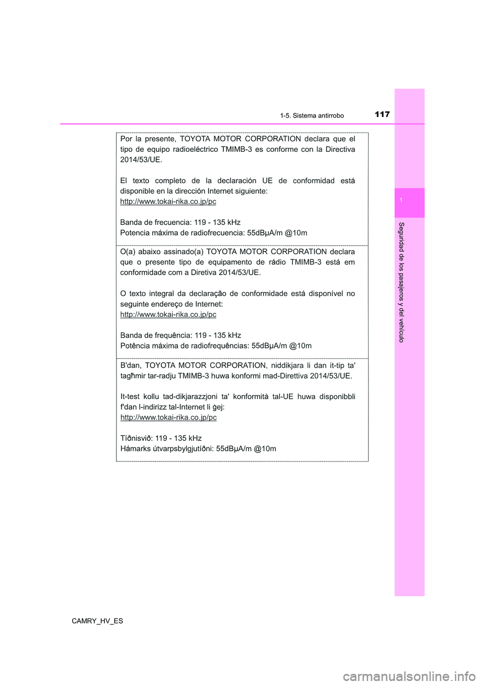 TOYOTA CAMRY 2021  Manual del propietario (in Spanish) 1171-5. Sistema antirrobo
1
Seguridad de los pasajeros y del vehículo
CAMRY_HV_ES 