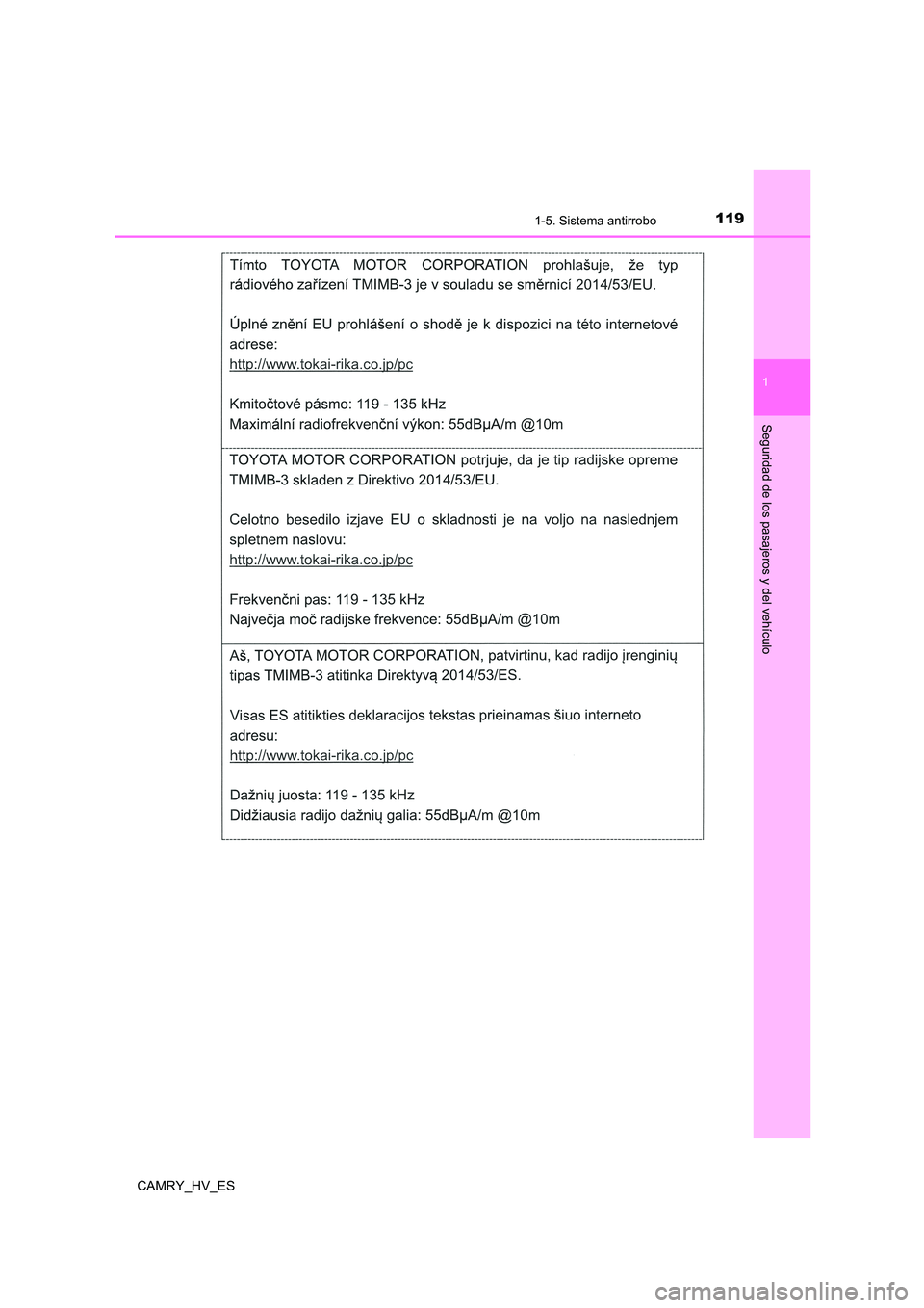 TOYOTA CAMRY 2021  Manual del propietario (in Spanish) 1191-5. Sistema antirrobo
1
Seguridad de los pasajeros y del vehículo
CAMRY_HV_ES 