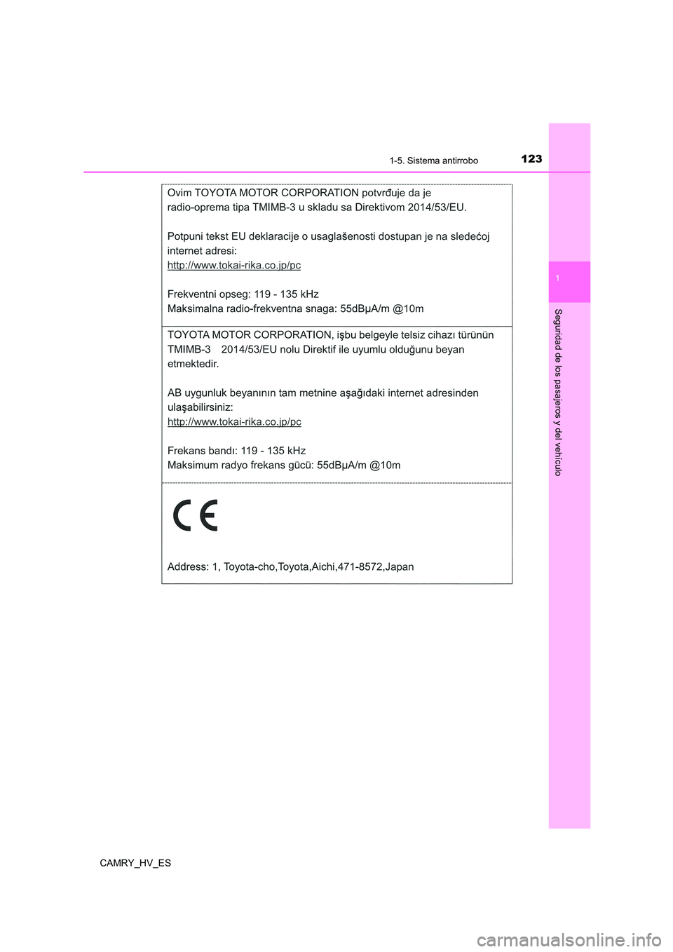 TOYOTA CAMRY 2021  Manual del propietario (in Spanish) 1231-5. Sistema antirrobo
1
Seguridad de los pasajeros y del vehículo
CAMRY_HV_ES 