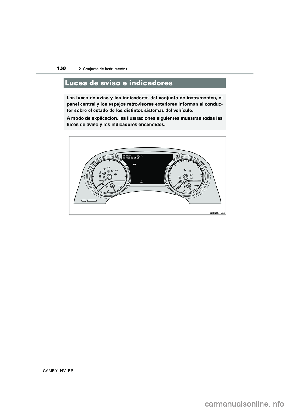 TOYOTA CAMRY 2021  Manual del propietario (in Spanish) 130
CAMRY_HV_ES
2. Conjunto de instrumentos
Luces de aviso e indicadores
Las luces de aviso y los indicadores del conjunto de instrumentos, el 
panel central y los espejos retrovisor es exteriores inf