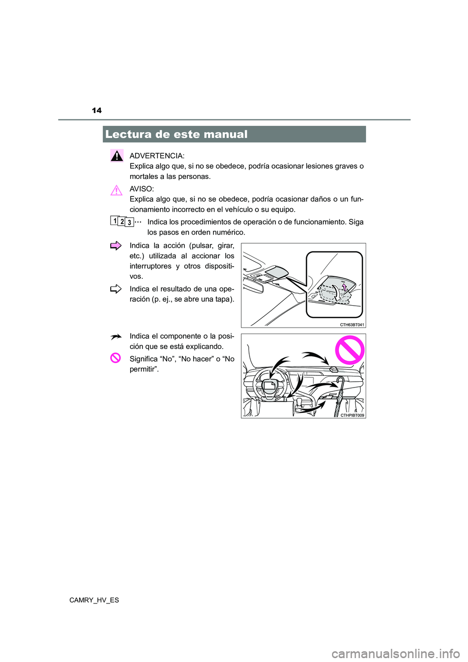 TOYOTA CAMRY 2021 Manual del propietario (in Spanish) 14
CAMRY_HV_ES
ADVERTENCIA:
Explica algo que, si no se obedece, podría ocasionar lesiones graves o
mortales a las personas.
AV I S O :
Explica algo que, si no se obedece, podría ocasionar da TOYOTA CAMRY 2021 Manual del propietario (in Spanish) 14
CAMRY_HV_ES
ADVERTENCIA:
Explica algo que, si no se obedece, podría ocasionar lesiones graves o
mortales a las personas.
AV I S O :
Explica algo que, si no se obedece, podría ocasionar da