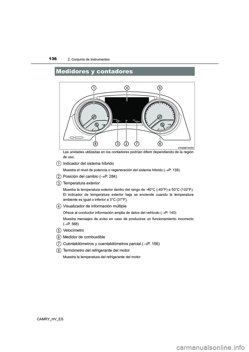TOYOTA CAMRY 2021 Manual del propietario (in Spanish) 1362. Conjunto de instrumentos
CAMRY_HV_ES
Las unidades utilizadas en los contadores podrían diferir dependiendo de la región
de uso.
Indicador del sistema híbrido
Muestra el nivel de potencia o TOYOTA CAMRY 2021 Manual del propietario (in Spanish) 1362. Conjunto de instrumentos
CAMRY_HV_ES
Las unidades utilizadas en los contadores podrían diferir dependiendo de la región
de uso.
Indicador del sistema híbrido
Muestra el nivel de potencia o