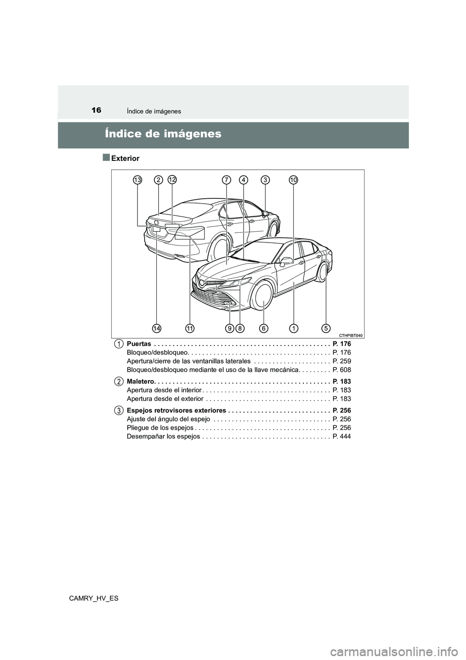 TOYOTA CAMRY 2021 Manual del propietario (in Spanish) 16
CAMRY_HV_ES
Índice de imágenes
Índice de imágenes
■Exterior
Puertas . . . . . . . . . . . . . . . . . . . . . . . . . . . . . . . . . . . . . . . . . . . . . . . . P. 176
Bloqueo/desbloque TOYOTA CAMRY 2021 Manual del propietario (in Spanish) 16
CAMRY_HV_ES
Índice de imágenes
Índice de imágenes
■Exterior
Puertas . . . . . . . . . . . . . . . . . . . . . . . . . . . . . . . . . . . . . . . . . . . . . . . . P. 176
Bloqueo/desbloque
