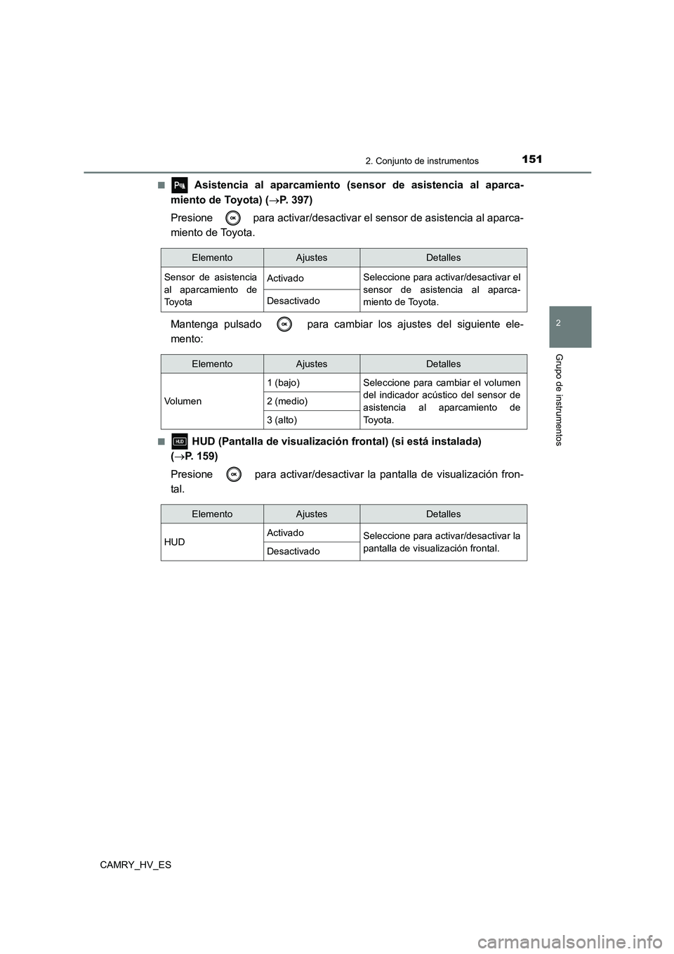 TOYOTA CAMRY 2021 Manual del propietario (in Spanish) 1512. Conjunto de instrumentos
2
Grupo de instrumentos
CAMRY_HV_ES
■ Asistencia al aparcamiento ( sensor de asistencia al aparca-
miento de Toyota) ( P. 397)
Presione para activar/desactivar TOYOTA CAMRY 2021 Manual del propietario (in Spanish) 1512. Conjunto de instrumentos
2
Grupo de instrumentos
CAMRY_HV_ES
■ Asistencia al aparcamiento ( sensor de asistencia al aparca-
miento de Toyota) ( P. 397)
Presione para activar/desactivar