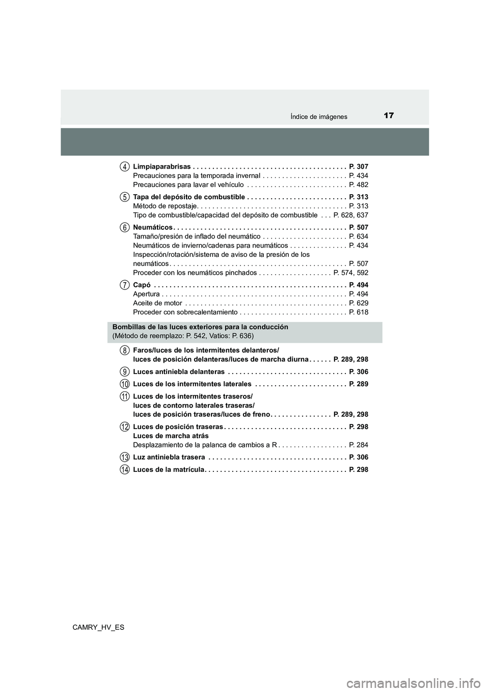 TOYOTA CAMRY 2021 Manual del propietario (in Spanish) 17Índice de imágenes
CAMRY_HV_ES
Limpiaparabrisas . . . . . . . . . . . . . . . . . . . . . . . . . . . . . . . . . . . . . . . . P. 307
Precauciones para la temporada invernal . . . . . . . . . TOYOTA CAMRY 2021 Manual del propietario (in Spanish) 17Índice de imágenes
CAMRY_HV_ES
Limpiaparabrisas . . . . . . . . . . . . . . . . . . . . . . . . . . . . . . . . . . . . . . . . P. 307
Precauciones para la temporada invernal . . . . . . . . .