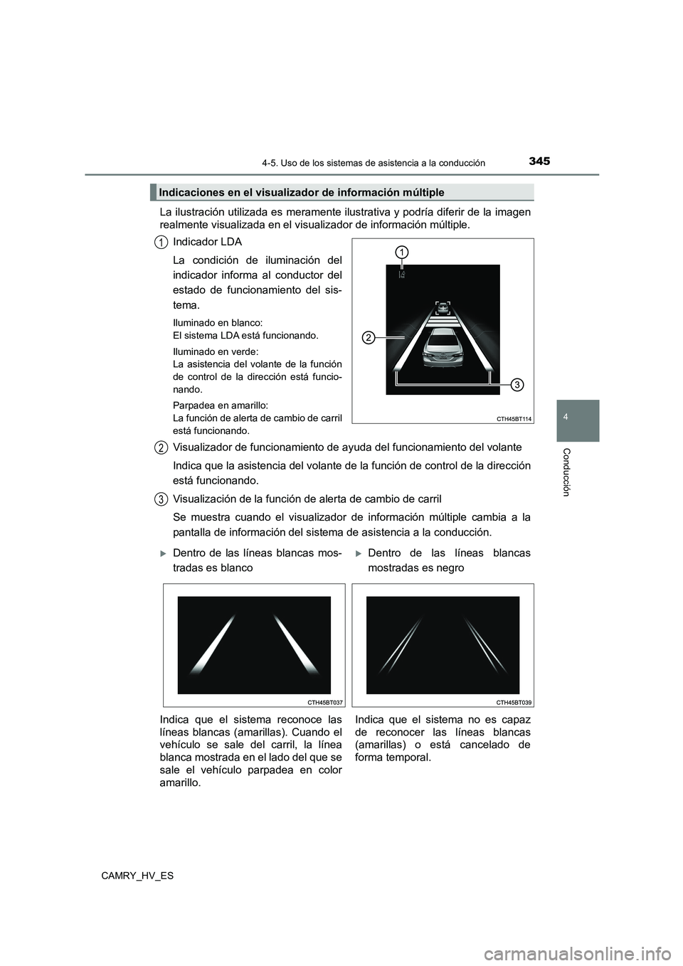 TOYOTA CAMRY 2021  Manual del propietario (in Spanish) 3454-5. Uso de los sistemas de asistencia a la conducción
4
Conducción
CAMRY_HV_ES
La ilustración utilizada es meramente ilustrativa y podría diferir de la imagen 
realmente visualizada en el visu