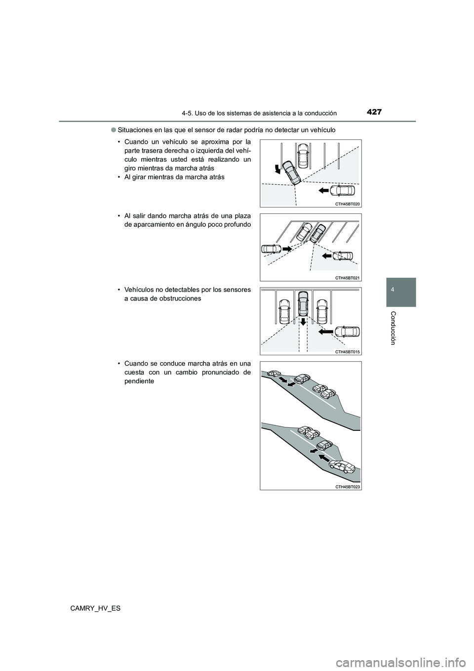 TOYOTA CAMRY 2021 Manual del propietario (in Spanish) 4274-5. Uso de los sistemas de asistencia a la conducción
4
Conducción
CAMRY_HV_ES
● Situaciones en las que el sensor de radar podría no detectar un vehículo
• Cuando un vehículo se aproxim TOYOTA CAMRY 2021 Manual del propietario (in Spanish) 4274-5. Uso de los sistemas de asistencia a la conducción
4
Conducción
CAMRY_HV_ES
● Situaciones en las que el sensor de radar podría no detectar un vehículo
• Cuando un vehículo se aproxim