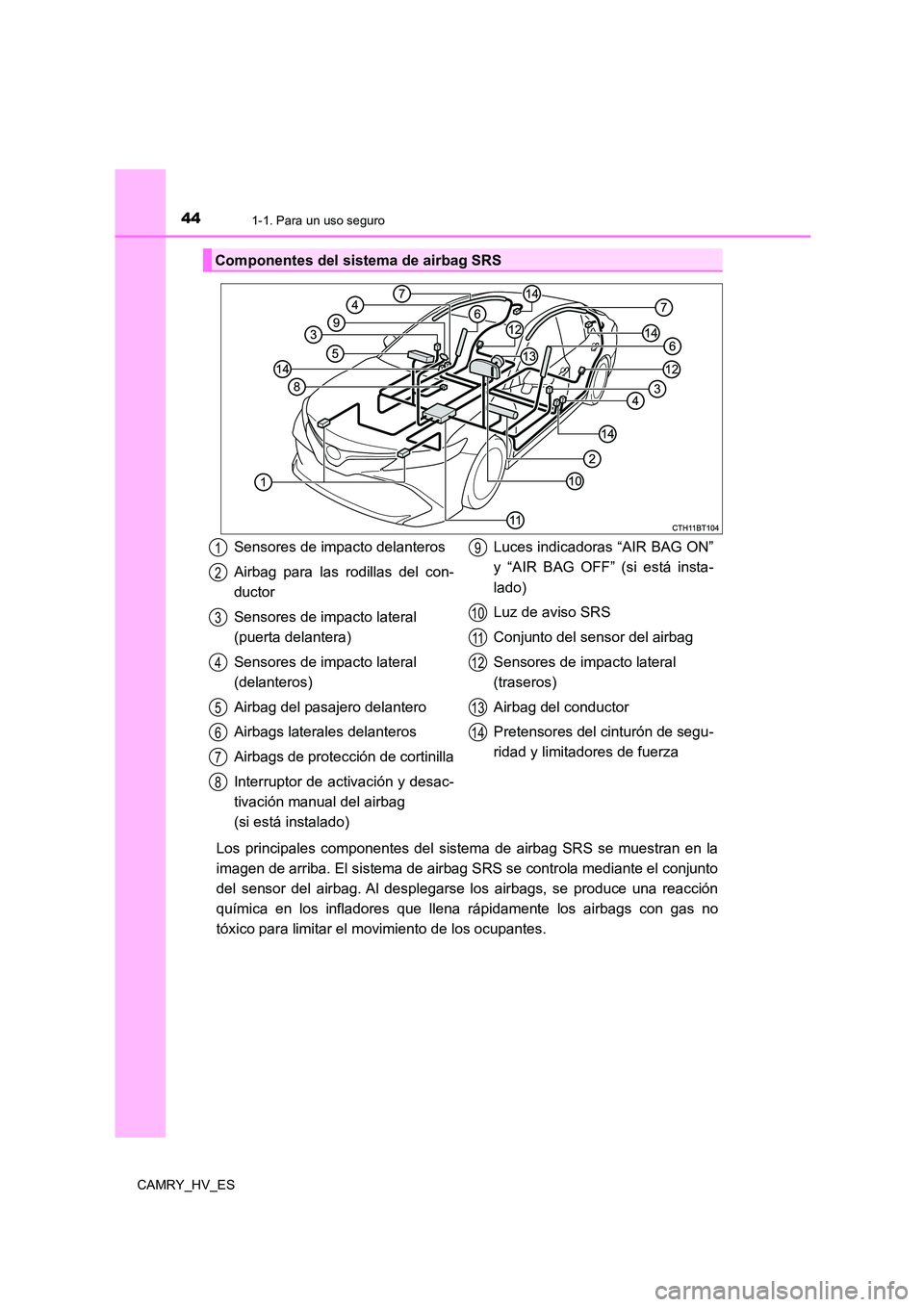 TOYOTA CAMRY 2021 Manual del propietario (in Spanish) 441-1. Para un uso seguro
CAMRY_HV_ES
Los principales componentes del sistema de airbag SRS se muestran en la
imagen de arriba. El sistema de airbag SRS se controla mediante el conjunto
del sensor de TOYOTA CAMRY 2021 Manual del propietario (in Spanish) 441-1. Para un uso seguro
CAMRY_HV_ES
Los principales componentes del sistema de airbag SRS se muestran en la
imagen de arriba. El sistema de airbag SRS se controla mediante el conjunto
del sensor de