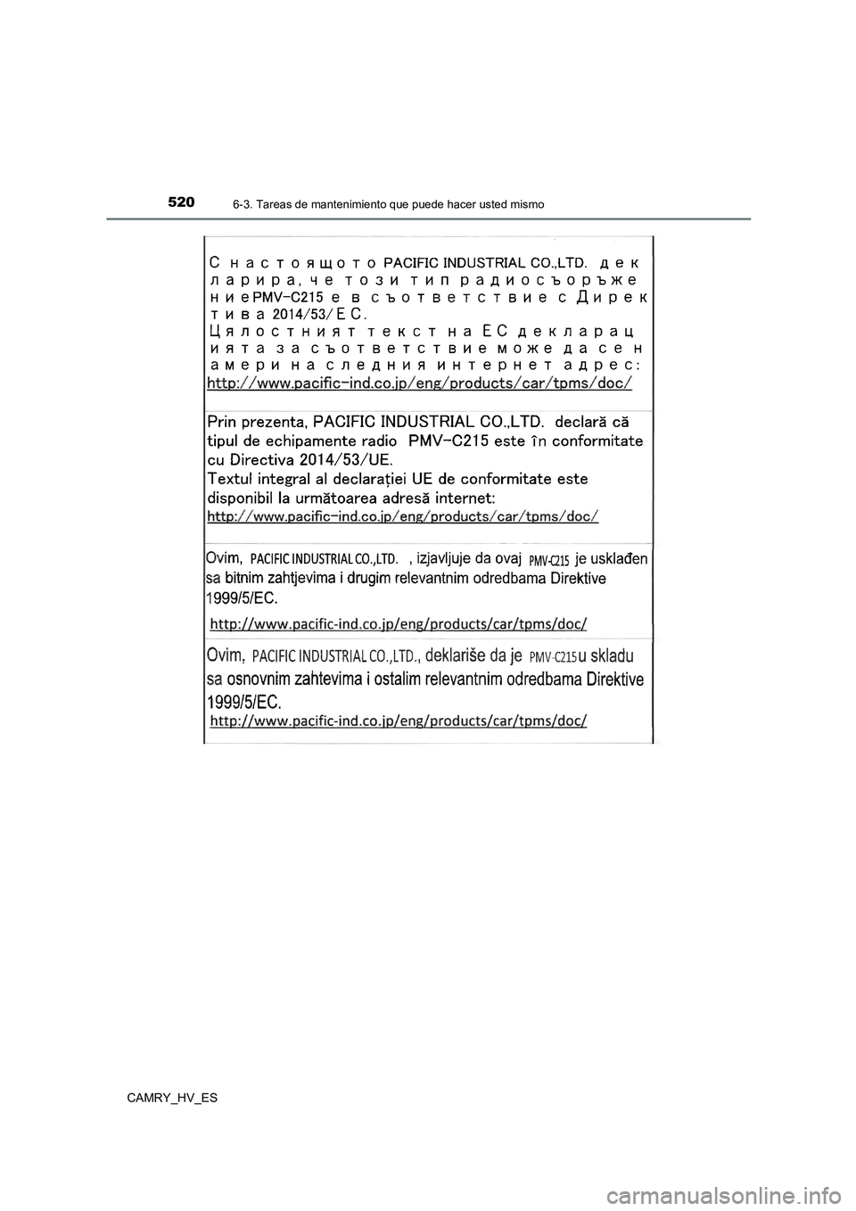 TOYOTA CAMRY 2021 Manual del propietario (in Spanish) 5206-3. Tareas de mantenimiento que puede hacer usted mismo
CAMRY_HV_ES TOYOTA CAMRY 2021 Manual del propietario (in Spanish) 5206-3. Tareas de mantenimiento que puede hacer usted mismo
CAMRY_HV_ES