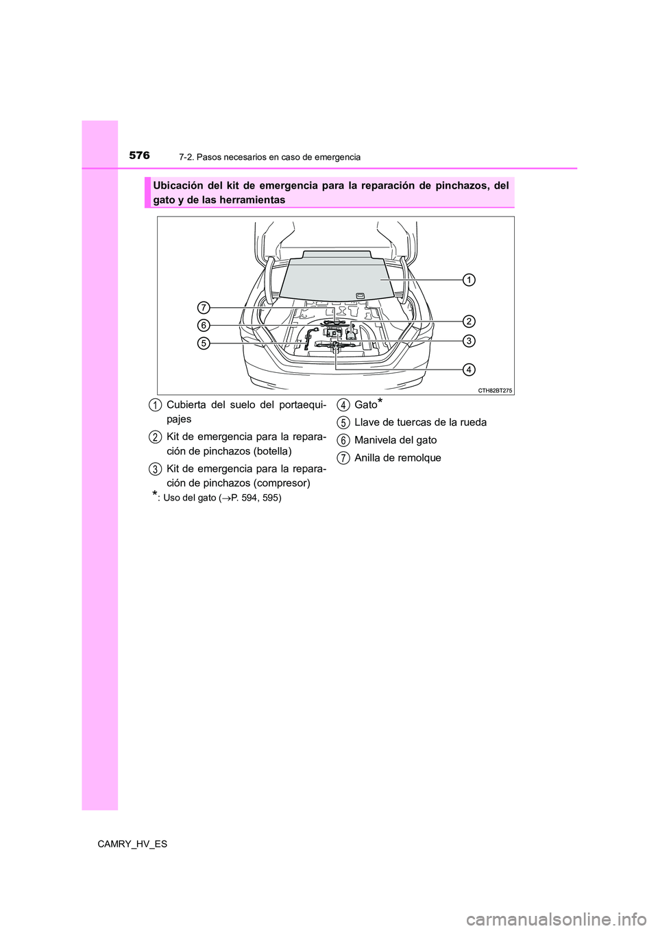 TOYOTA CAMRY 2021 Manual del propietario (in Spanish) 5767-2. Pasos necesarios en caso de emergencia
CAMRY_HV_ES
*: Uso del gato (P. 594, 595)
Ubicación del kit de emergencia para la reparación de pinchazos, del
gato y de las herramientas
Cubierta TOYOTA CAMRY 2021 Manual del propietario (in Spanish) 5767-2. Pasos necesarios en caso de emergencia
CAMRY_HV_ES
*: Uso del gato (P. 594, 595)
Ubicación del kit de emergencia para la reparación de pinchazos, del
gato y de las herramientas
Cubierta