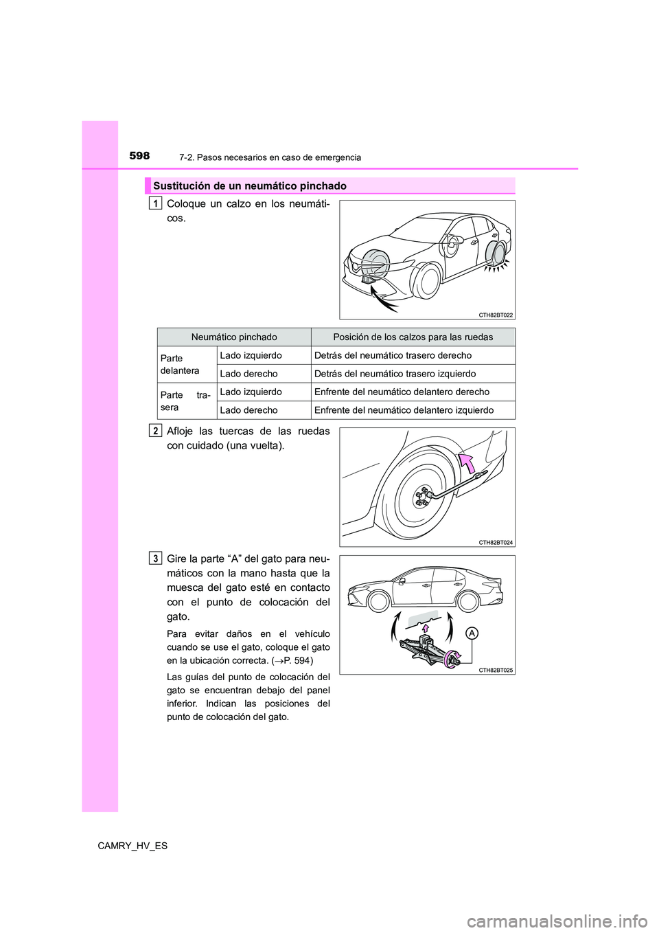 TOYOTA CAMRY 2021 Manual del propietario (in Spanish) 5987-2. Pasos necesarios en caso de emergencia
CAMRY_HV_ES
Coloque un calzo en los neumáti-
cos.
Afloje las tuercas de las ruedas
con cuidado (una vuelta).
Gire la parte “A” del gato para neu TOYOTA CAMRY 2021 Manual del propietario (in Spanish) 5987-2. Pasos necesarios en caso de emergencia
CAMRY_HV_ES
Coloque un calzo en los neumáti-
cos.
Afloje las tuercas de las ruedas
con cuidado (una vuelta).
Gire la parte “A” del gato para neu