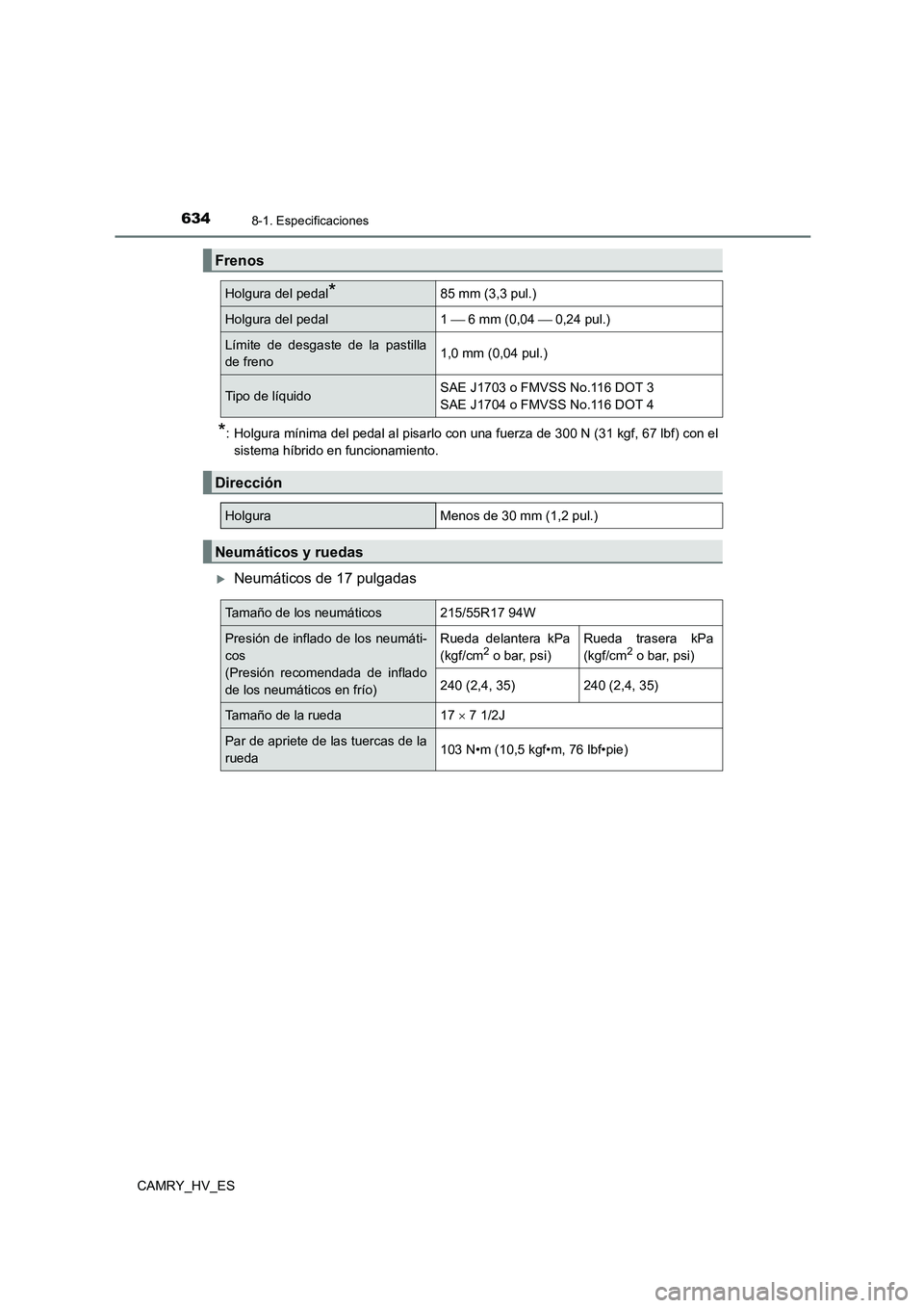 TOYOTA CAMRY 2021 Manual del propietario (in Spanish) 6348-1. Especificaciones
CAMRY_HV_ES
*: Holgura mínima del pedal al pisarlo con una fuerza de 300 N (31 kgf, 67 lbf) con el
sistema híbrido en funcionamiento.
Neumáticos de 17 pulgadas
Frenos
TOYOTA CAMRY 2021 Manual del propietario (in Spanish) 6348-1. Especificaciones
CAMRY_HV_ES
*: Holgura mínima del pedal al pisarlo con una fuerza de 300 N (31 kgf, 67 lbf) con el
sistema híbrido en funcionamiento.
Neumáticos de 17 pulgadas
Frenos