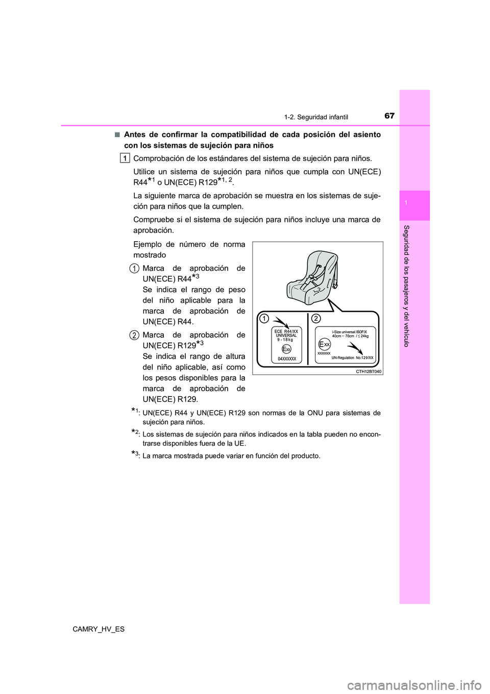 TOYOTA CAMRY 2021 Manual del propietario (in Spanish) 671-2. Seguridad infantil
1
Seguridad de los pasajeros y del vehículo
CAMRY_HV_ES
■Antes de confirmar la compat ibilidad de cada posición del asiento
con los sistemas de sujeción para niños
C TOYOTA CAMRY 2021 Manual del propietario (in Spanish) 671-2. Seguridad infantil
1
Seguridad de los pasajeros y del vehículo
CAMRY_HV_ES
■Antes de confirmar la compat ibilidad de cada posición del asiento
con los sistemas de sujeción para niños
C