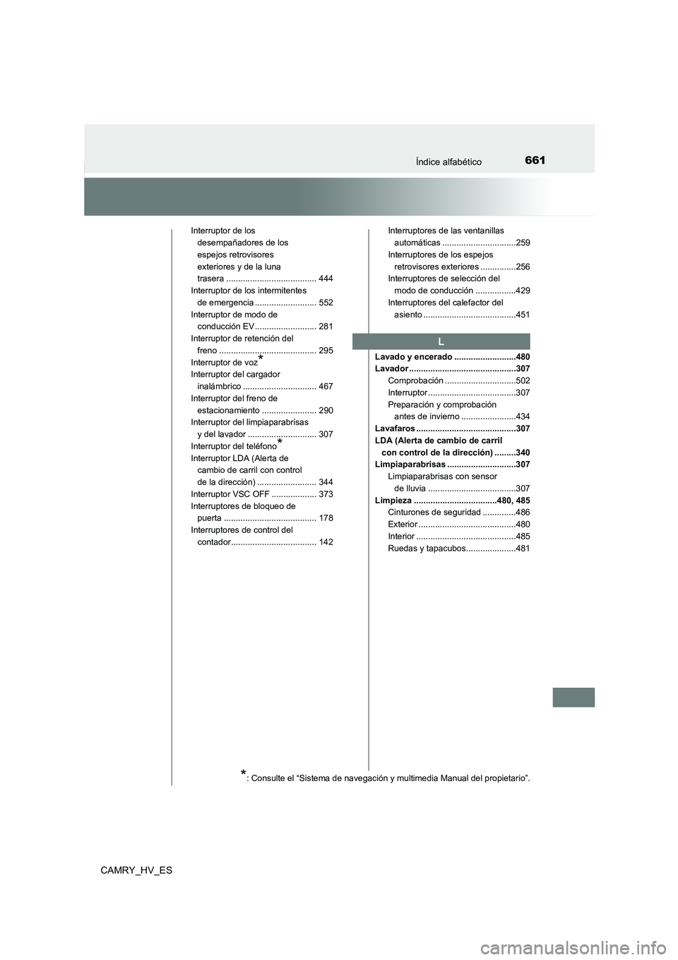 TOYOTA CAMRY 2021 Manual del propietario (in Spanish) 661Índice alfabético
CAMRY_HV_ES
Interruptor de los
desempañadores de los
espejos retrovisores
exteriores y de la luna
trasera ...................................... 444
Interruptor de los int TOYOTA CAMRY 2021 Manual del propietario (in Spanish) 661Índice alfabético
CAMRY_HV_ES
Interruptor de los
desempañadores de los
espejos retrovisores
exteriores y de la luna
trasera ...................................... 444
Interruptor de los int