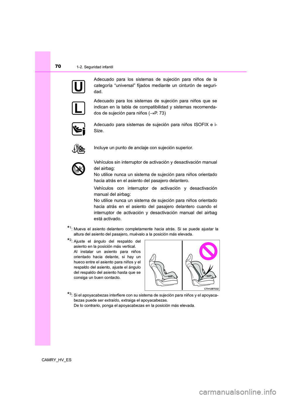 TOYOTA CAMRY 2021 Manual del propietario (in Spanish) 701-2. Seguridad infantil
CAMRY_HV_ES
*1: Mueva el asiento delantero completamente hacia atrás. Si se puede ajustar la
altura del asiento del pasajero, muévalo a la posición más elevada.
*2: Ajus TOYOTA CAMRY 2021 Manual del propietario (in Spanish) 701-2. Seguridad infantil
CAMRY_HV_ES
*1: Mueva el asiento delantero completamente hacia atrás. Si se puede ajustar la
altura del asiento del pasajero, muévalo a la posición más elevada.
*2: Ajus