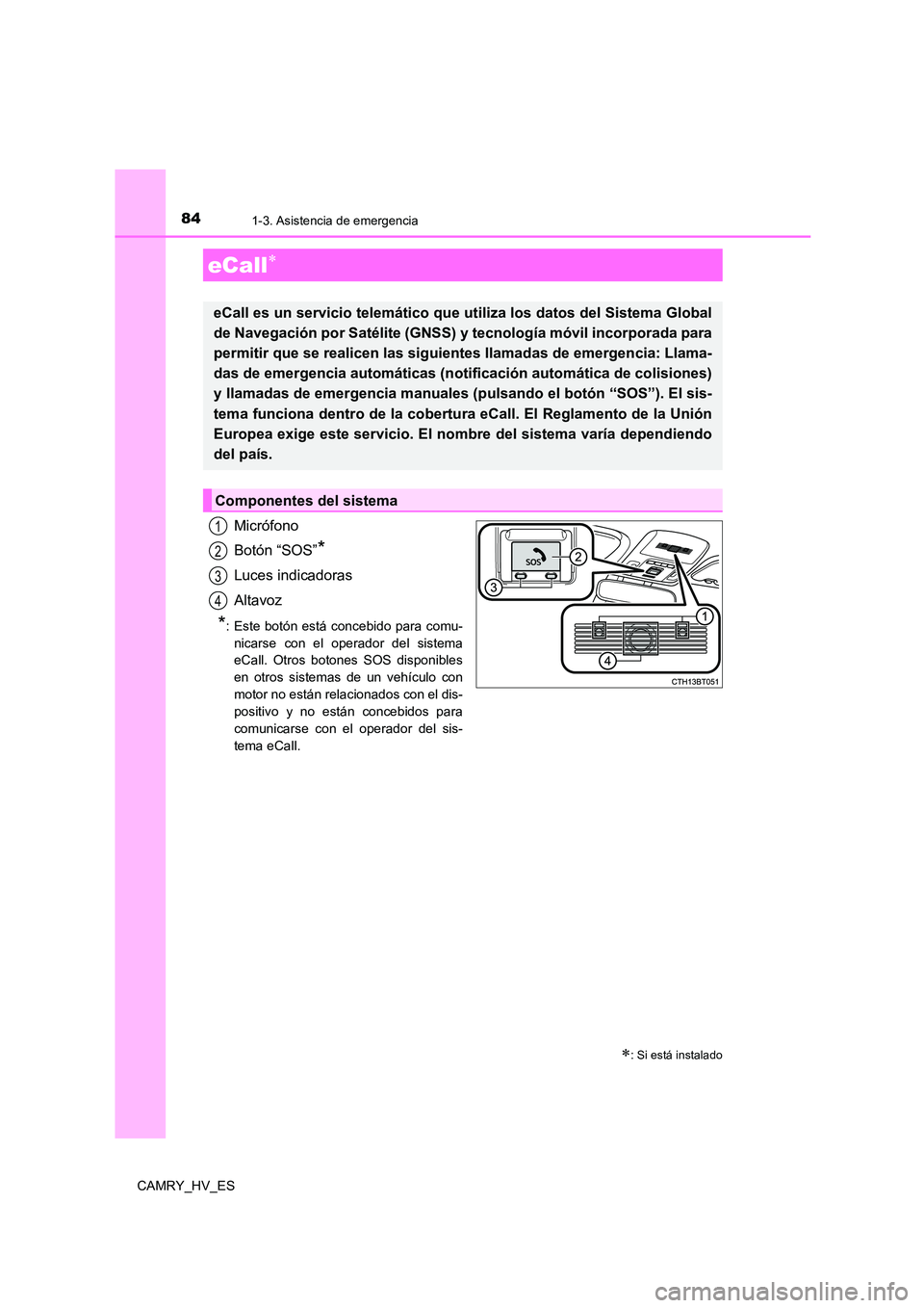TOYOTA CAMRY 2021 Manual del propietario (in Spanish) 84
CAMRY_HV_ES
1-3. Asistencia de emergencia
Micrófono
Botón “SOS”*
Luces indicadoras
Altavoz
*: Este botón está concebido para comu-
nicarse con el operador del sistema
eCall. Otros boton TOYOTA CAMRY 2021 Manual del propietario (in Spanish) 84
CAMRY_HV_ES
1-3. Asistencia de emergencia
Micrófono
Botón “SOS”*
Luces indicadoras
Altavoz
*: Este botón está concebido para comu-
nicarse con el operador del sistema
eCall. Otros boton