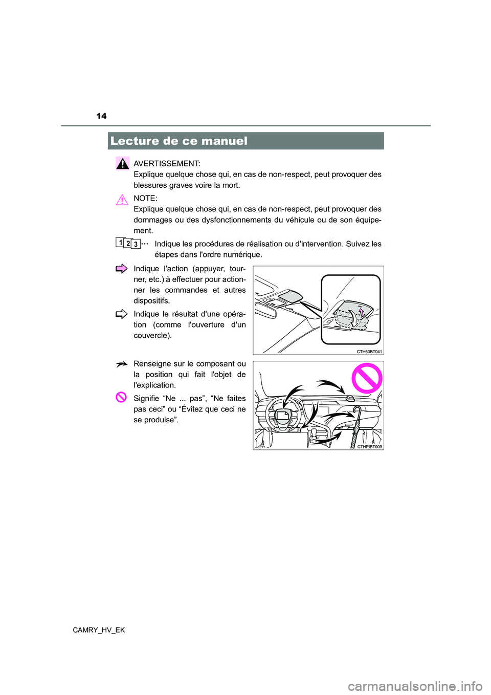 TOYOTA CAMRY 2021 Manuel du propriétaire (in French) 14
CAMRY_HV_EK
AVERTISSEMENT:
Explique quelque chose qui, en cas de non-respect, peut provoquer des
blessures graves voire la mort.
NOTE:
Explique quelque chose qui, en cas de non-respect, peut TOYOTA CAMRY 2021 Manuel du propriétaire (in French) 14
CAMRY_HV_EK
AVERTISSEMENT:
Explique quelque chose qui, en cas de non-respect, peut provoquer des
blessures graves voire la mort.
NOTE:
Explique quelque chose qui, en cas de non-respect, peut