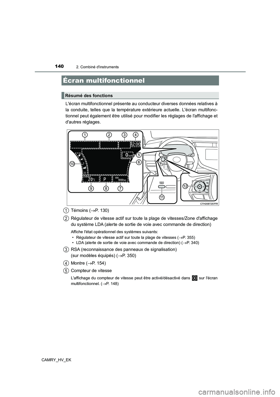 TOYOTA CAMRY 2021 Manuel du propriétaire (in French) 1402. Combiné dinstruments
CAMRY_HV_EK
Lécran multifonctionnel présente au conducteur diverses données relatives à
la conduite, telles que la température extérieure actuelle. Lécran multif TOYOTA CAMRY 2021 Manuel du propriétaire (in French) 1402. Combiné dinstruments
CAMRY_HV_EK
Lécran multifonctionnel présente au conducteur diverses données relatives à
la conduite, telles que la température extérieure actuelle. Lécran multif