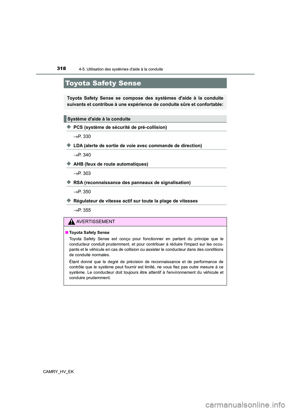 TOYOTA CAMRY 2021 Manuel du propriétaire (in French) 318
CAMRY_HV_EK
4-5. Utilisation des systèmes daide à la conduite
◆PCS (système de sécurité de pré-collision)
P. 330
◆LDA (alerte de sortie de voie avec commande de direction)
P. TOYOTA CAMRY 2021 Manuel du propriétaire (in French) 318
CAMRY_HV_EK
4-5. Utilisation des systèmes daide à la conduite
◆PCS (système de sécurité de pré-collision)
P. 330
◆LDA (alerte de sortie de voie avec commande de direction)
P.