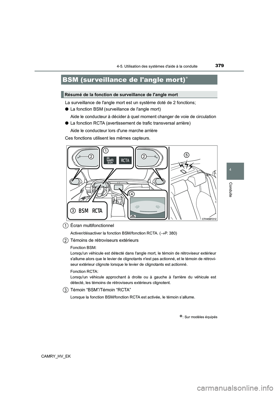 TOYOTA CAMRY 2021 Manuel du propriétaire (in French) 3794-5. Utilisation des systèmes daide à la conduite
4
Conduite
CAMRY_HV_EK
La surveillance de langle mort est un système doté de 2 fonctions;
● La fonction BSM (surveillance de langle mort) TOYOTA CAMRY 2021 Manuel du propriétaire (in French) 3794-5. Utilisation des systèmes daide à la conduite
4
Conduite
CAMRY_HV_EK
La surveillance de langle mort est un système doté de 2 fonctions;
● La fonction BSM (surveillance de langle mort)