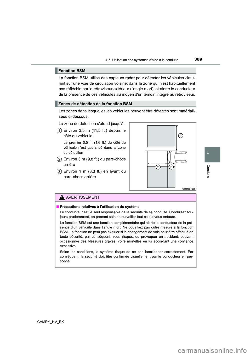 TOYOTA CAMRY 2021  Manuel du propriétaire (in French) 3894-5. Utilisation des systèmes daide à la conduite
4
Conduite
CAMRY_HV_EK
La fonction BSM utilise des capteurs radar pour détecter les véhicules circu- 
lant sur une voie de circulation voisine