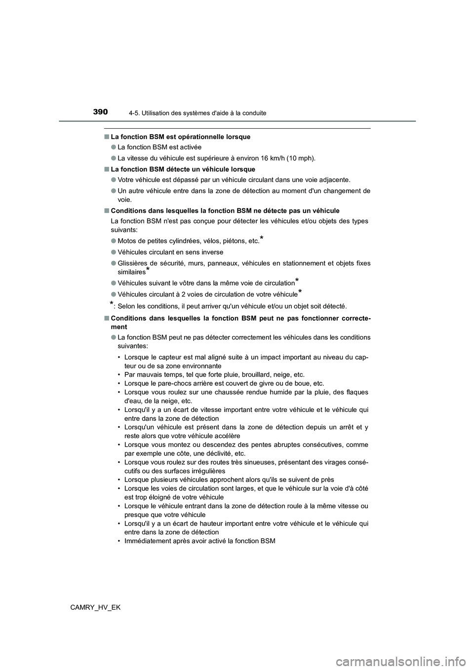 TOYOTA CAMRY 2021  Manuel du propriétaire (in French) 3904-5. Utilisation des systèmes daide à la conduite
CAMRY_HV_EK
■La fonction BSM est opérationnelle lorsque 
● La fonction BSM est activée 
● La vitesse du véhicule est supérieure à env