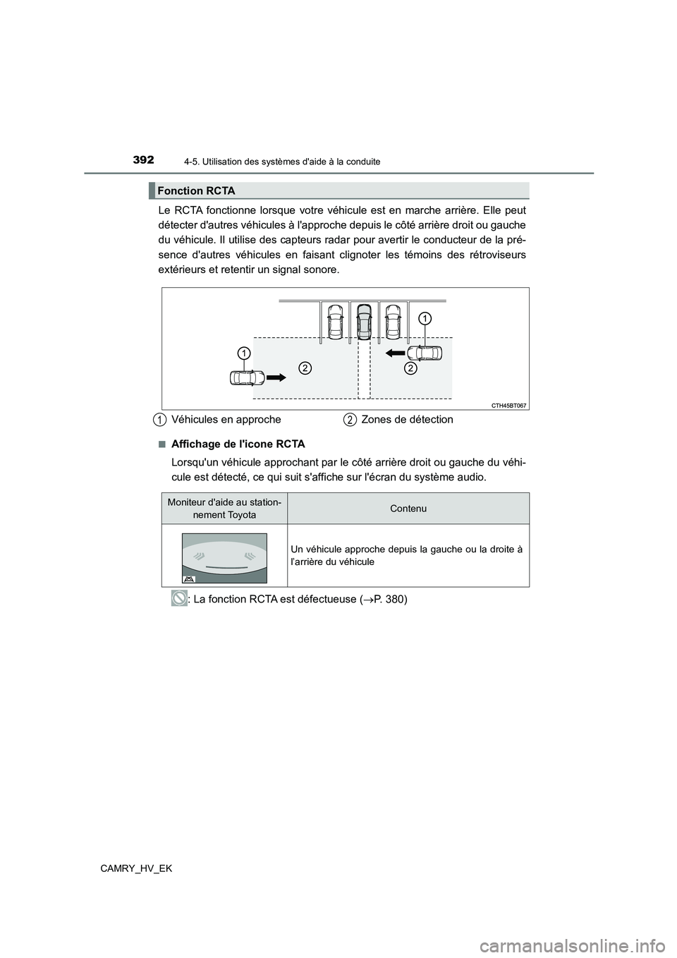 TOYOTA CAMRY 2021 Manuel du propriétaire (in French) 3924-5. Utilisation des systèmes daide à la conduite
CAMRY_HV_EK
Le RCTA fonctionne lorsque votre véhicule est en marche arrière. Elle peut
détecter dautres véhicules à lapproche depuis le TOYOTA CAMRY 2021 Manuel du propriétaire (in French) 3924-5. Utilisation des systèmes daide à la conduite
CAMRY_HV_EK
Le RCTA fonctionne lorsque votre véhicule est en marche arrière. Elle peut
détecter dautres véhicules à lapproche depuis le