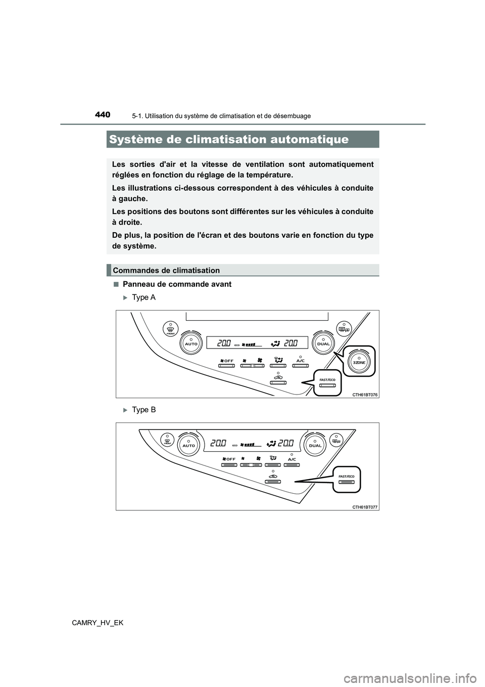 TOYOTA CAMRY 2021 Manuel du propriétaire (in French) 440
CAMRY_HV_EK
5-1. Utilisation du système de climatisation et de désembuage
■Panneau de commande avant
Type A
Type B
Système de climatisation automatique
Les sorties dair et la vitesse d TOYOTA CAMRY 2021 Manuel du propriétaire (in French) 440
CAMRY_HV_EK
5-1. Utilisation du système de climatisation et de désembuage
■Panneau de commande avant
Type A
Type B
Système de climatisation automatique
Les sorties dair et la vitesse d