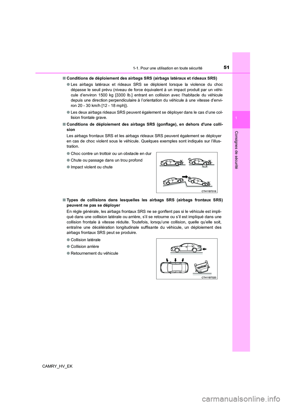TOYOTA CAMRY 2021 Manuel du propriétaire (in French) 511-1. Pour une utilisation en toute sécurité
1
Consignes de sécurité
CAMRY_HV_EK
■ Conditions de déploiement des airbags SRS (airbags latéraux et rideaux SRS)
● Les airbags latéraux et r TOYOTA CAMRY 2021 Manuel du propriétaire (in French) 511-1. Pour une utilisation en toute sécurité
1
Consignes de sécurité
CAMRY_HV_EK
■ Conditions de déploiement des airbags SRS (airbags latéraux et rideaux SRS)
● Les airbags latéraux et r