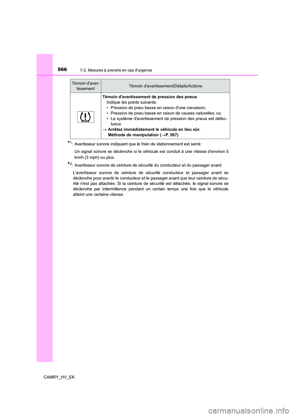 TOYOTA CAMRY 2021  Manuel du propriétaire (in French) 5667-2. Mesures à prendre en cas durgence
CAMRY_HV_EK
*1: Avertisseur sonore indiquant que le frein de stationnement est serré:  
Un signal sonore se déclenche si le véhicule est conduit à une v