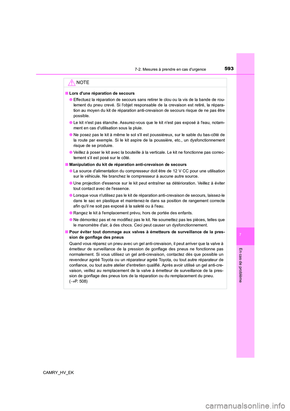 TOYOTA CAMRY 2021 Manuel du propriétaire (in French) 5937-2. Mesures à prendre en cas durgence
7
En cas de problème
CAMRY_HV_EK
NOTE
■Lors dune réparation de secours
● Effectuez la réparation de secours sans retirer le clou ou la vis de la ba TOYOTA CAMRY 2021 Manuel du propriétaire (in French) 5937-2. Mesures à prendre en cas durgence
7
En cas de problème
CAMRY_HV_EK
NOTE
■Lors dune réparation de secours
● Effectuez la réparation de secours sans retirer le clou ou la vis de la ba
