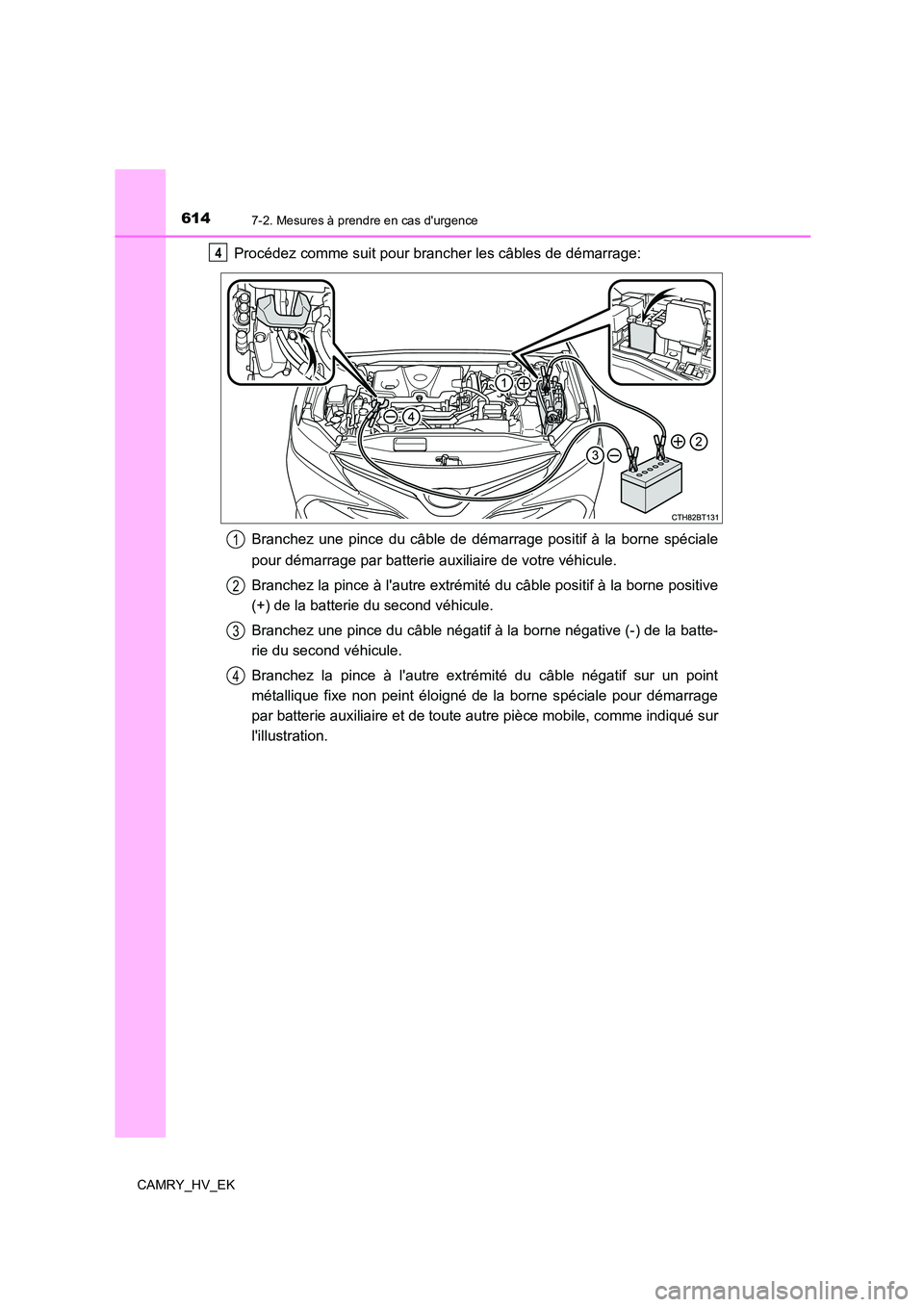 TOYOTA CAMRY 2021 Manuel du propriétaire (in French) 6147-2. Mesures à prendre en cas durgence
CAMRY_HV_EK
Procédez comme suit pour brancher les câbles de démarrage:
Branchez une pince du câble de démarrage positif à la borne spéciale
pour d TOYOTA CAMRY 2021 Manuel du propriétaire (in French) 6147-2. Mesures à prendre en cas durgence
CAMRY_HV_EK
Procédez comme suit pour brancher les câbles de démarrage:
Branchez une pince du câble de démarrage positif à la borne spéciale
pour d