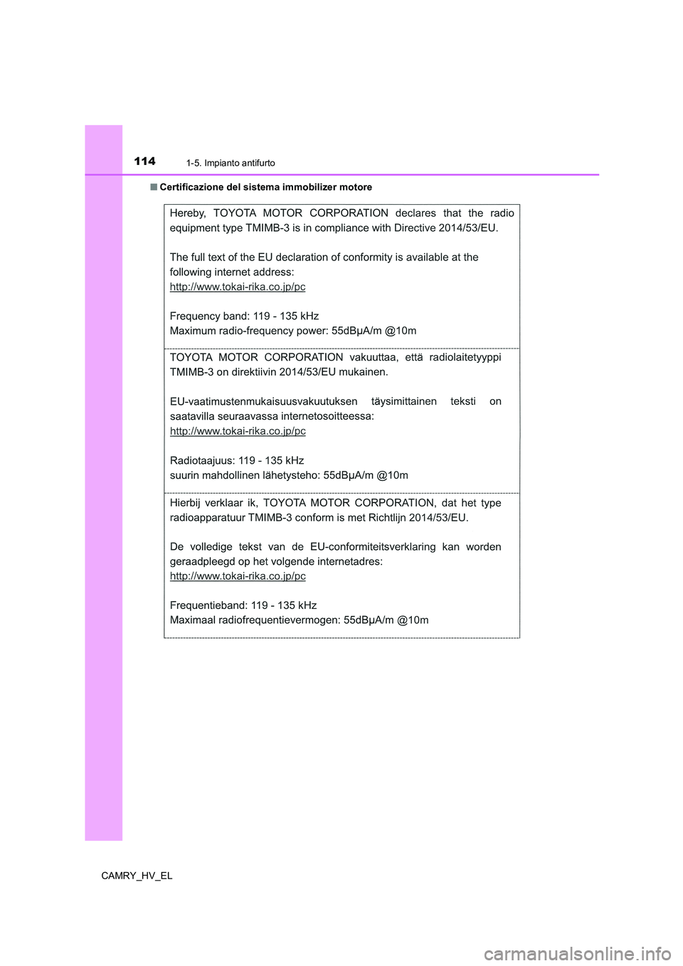 TOYOTA CAMRY 2021 Manuale duso (in Italian) 1141-5. Impianto antifurto
CAMRY_HV_EL■Certificazione del sistema immobilizer motore TOYOTA CAMRY 2021 Manuale duso (in Italian) 1141-5. Impianto antifurto
CAMRY_HV_EL■Certificazione del sistema immobilizer motore