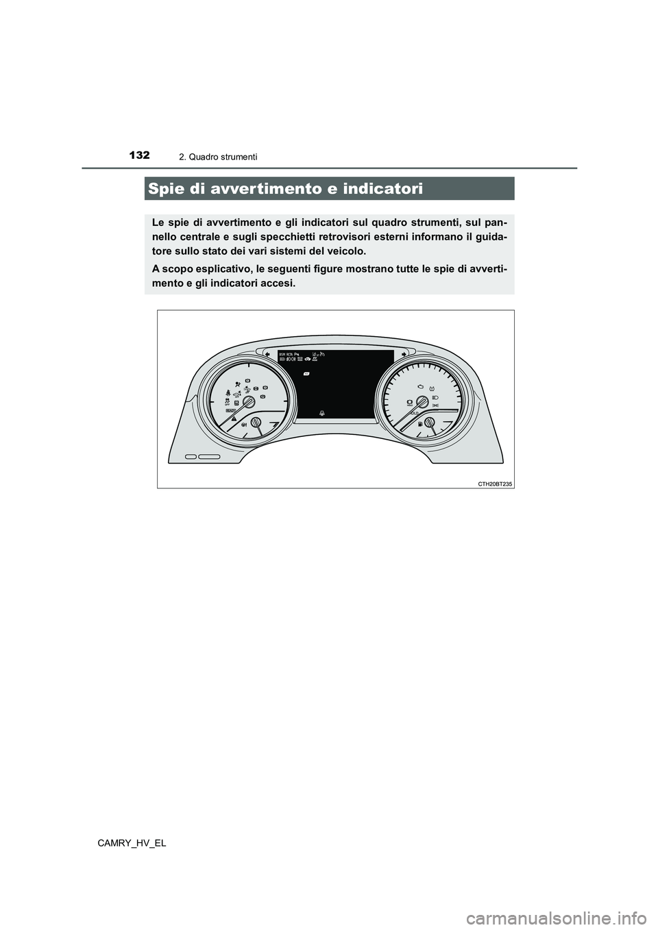 TOYOTA CAMRY 2021  Manuale duso (in Italian) 132
CAMRY_HV_EL
2. Quadro strumenti
Spie di avver timento e indicatori
Le spie di avvertimento e gli indicatori sul quadro strumenti, sul pan-
nello centrale e sugli specchietti retrovisori esterni in