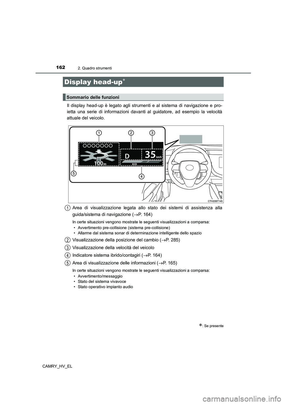TOYOTA CAMRY 2021 Manuale duso (in Italian) 1622. Quadro strumenti
CAMRY_HV_EL
Il display head-up è legato agli strumenti e al sistema di navigazione e pro-
ietta una serie di informazioni davanti al guidatore, ad esempio la velocità
attuale TOYOTA CAMRY 2021 Manuale duso (in Italian) 1622. Quadro strumenti
CAMRY_HV_EL
Il display head-up è legato agli strumenti e al sistema di navigazione e pro-
ietta una serie di informazioni davanti al guidatore, ad esempio la velocità
attuale